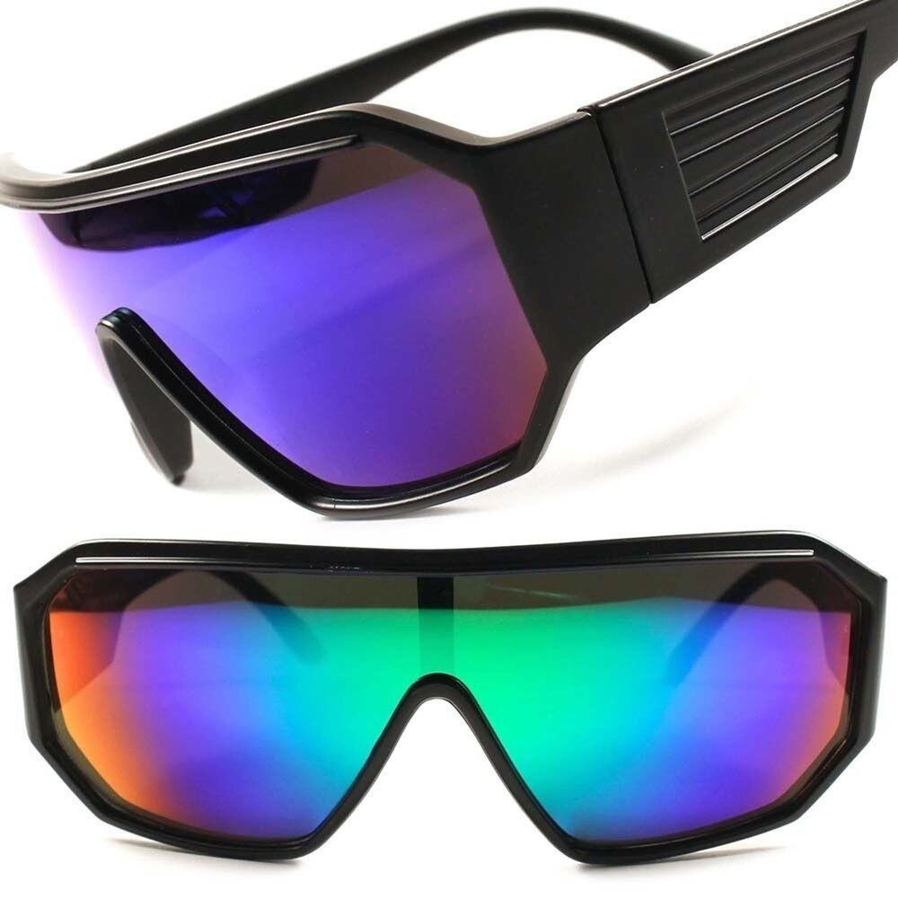 Retro Futuristic Party Rave Sci-Fi Green Mirrored Lens Wrap Shield Sun Glasses